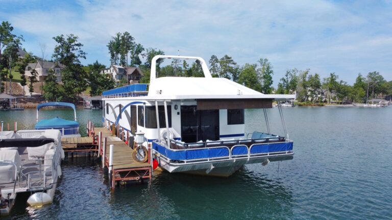 Aerial view of the houseboat at the dock